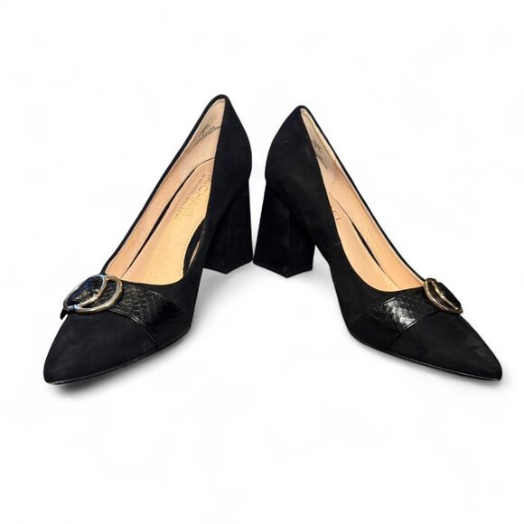 Michael Kors Women’s Size 7 Black Block Heel Pumps Suede Snakeskin Buckle Accent - Picture 1 of 8